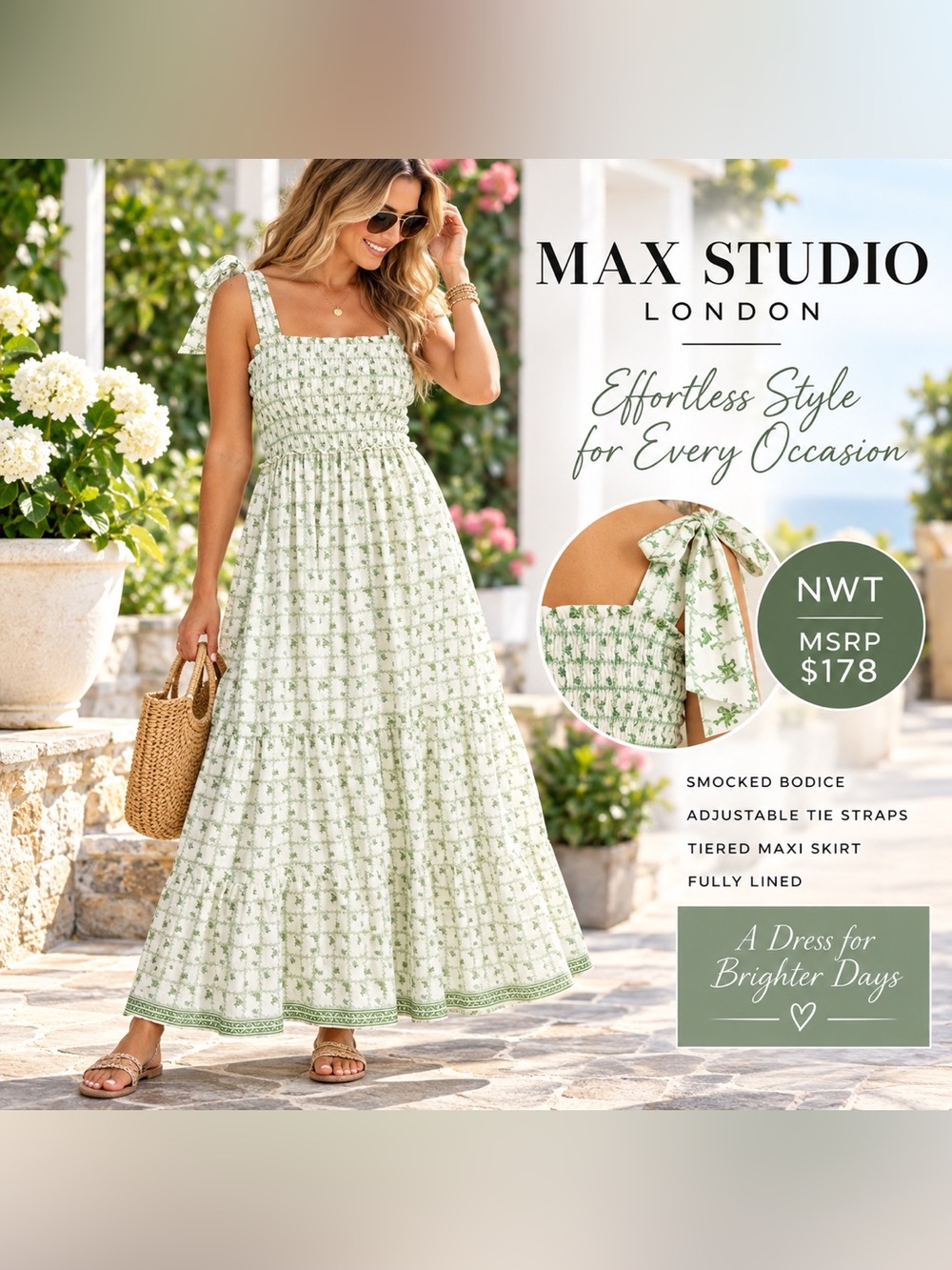 NWT Max Studio London Floral Smocked Tie Strap Maxi Dress Green XL Cottagecore